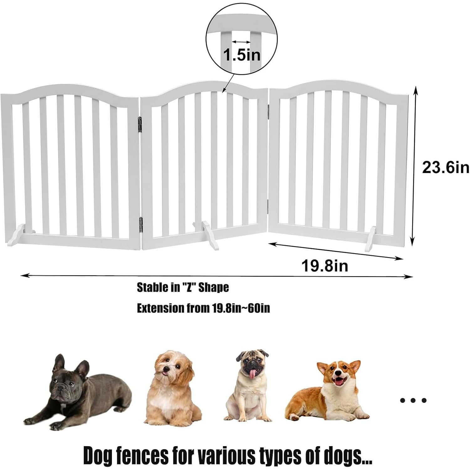 Foldable Wooden Dog Gate - 3-Panel Freestanding Pet Fence, 23.6 Inches, White - Suitable for Doorways & Stairs