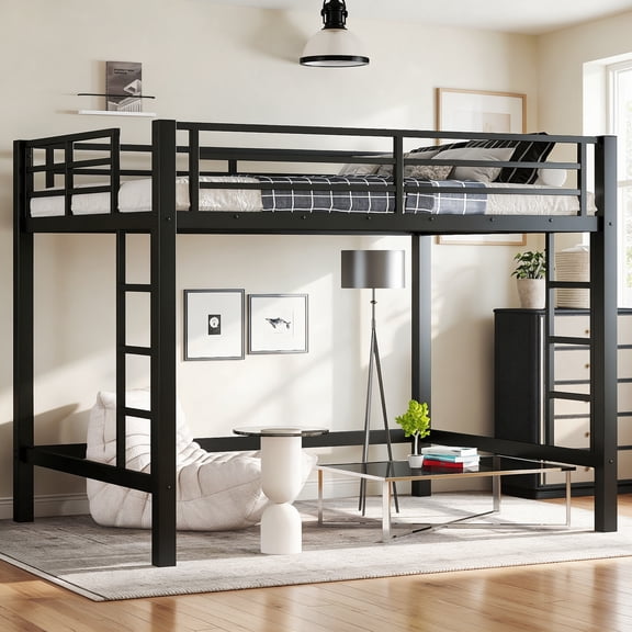 Bellemave Full Loft Bed with Ladder and Guardrails, Metal Loft Bed Frame for Teens and Adults, Space-Saving Design, Black
