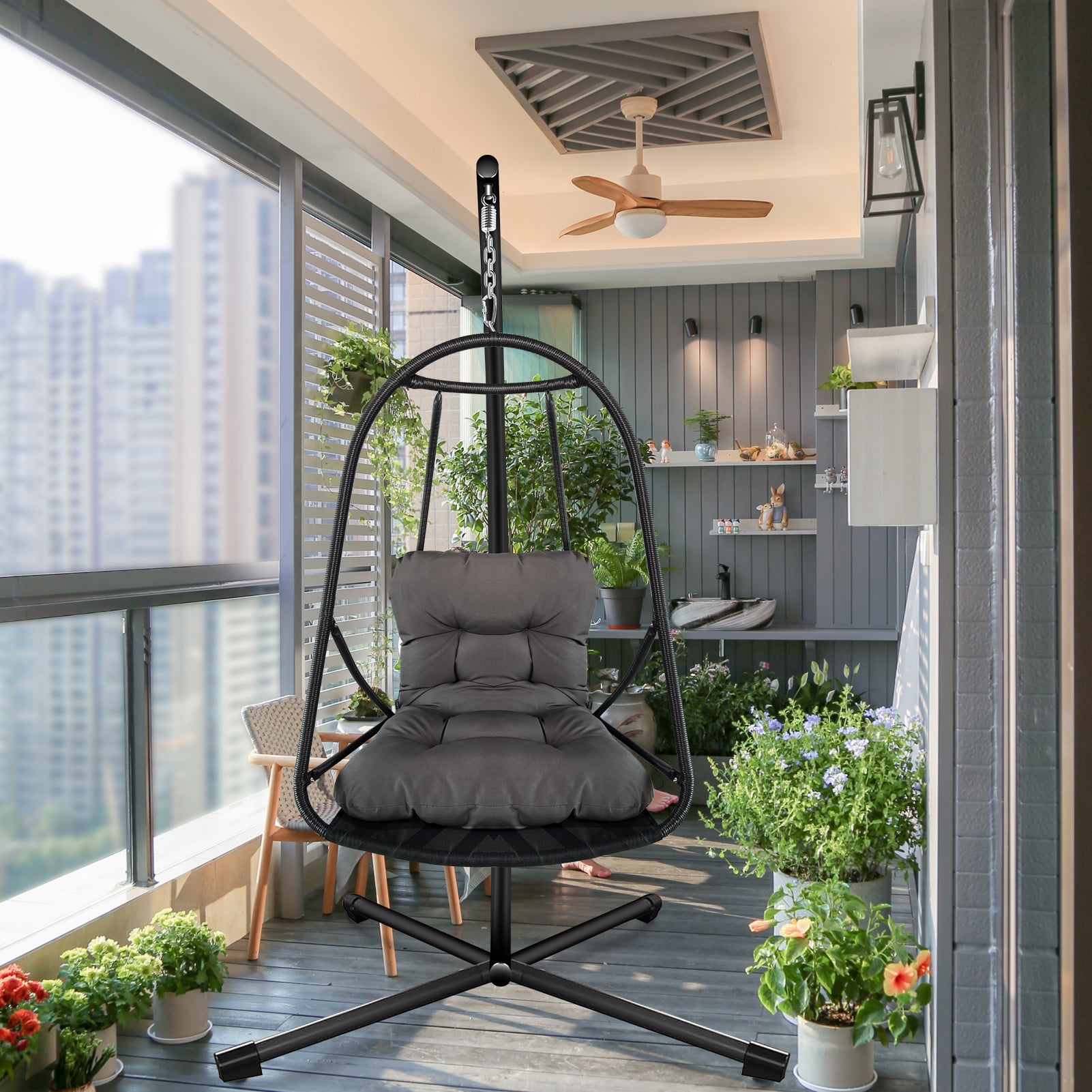 Swing Egg Chair with Stand, Wicker Rattan Hanging Chair with Cushion Pillow for Indoor Outdoor Patio Garden Balcony, Black Dark Brown