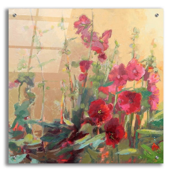 Epic Art 'Red Haven Hollyhocks' by Beth Forst, Acrylic Glass Wall Art, 24"x24"