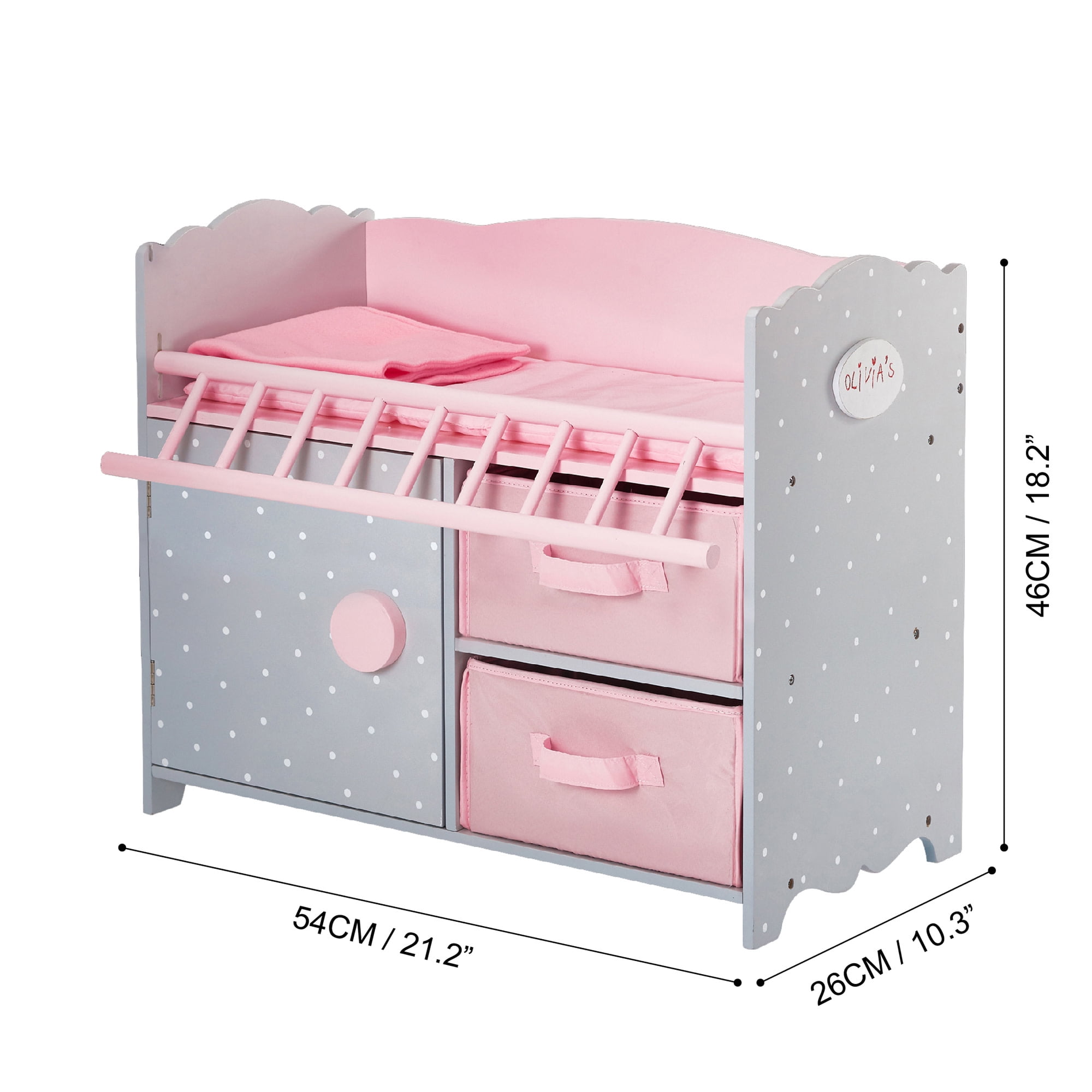 Olivia's Little World Wooden Baby Doll Crib + Under-the-Crib Storage, Pink/Gray
