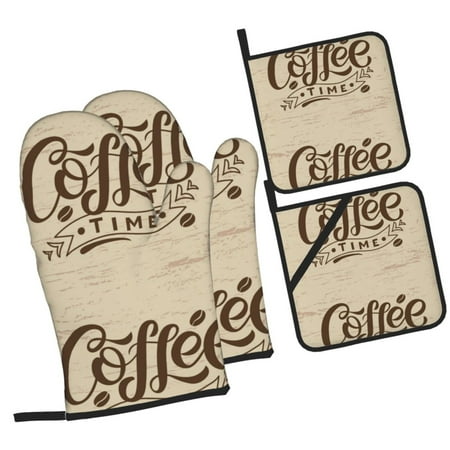 

Daiia Coffee Time (2) Pattern Oven Mitts and Pot Holders 4 pcs Set High Heat Resistant 500 Degree Extra Thicken Long Kitchen Cotton Oven Glove