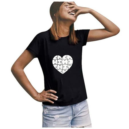 

JDEFEG Women T Shirts Ladies Workout Casual Print T Women O Tops Blouse Love Short Shirt Sleeves Neck Women s Blouse Tight Scrub Shirts Black Xxl