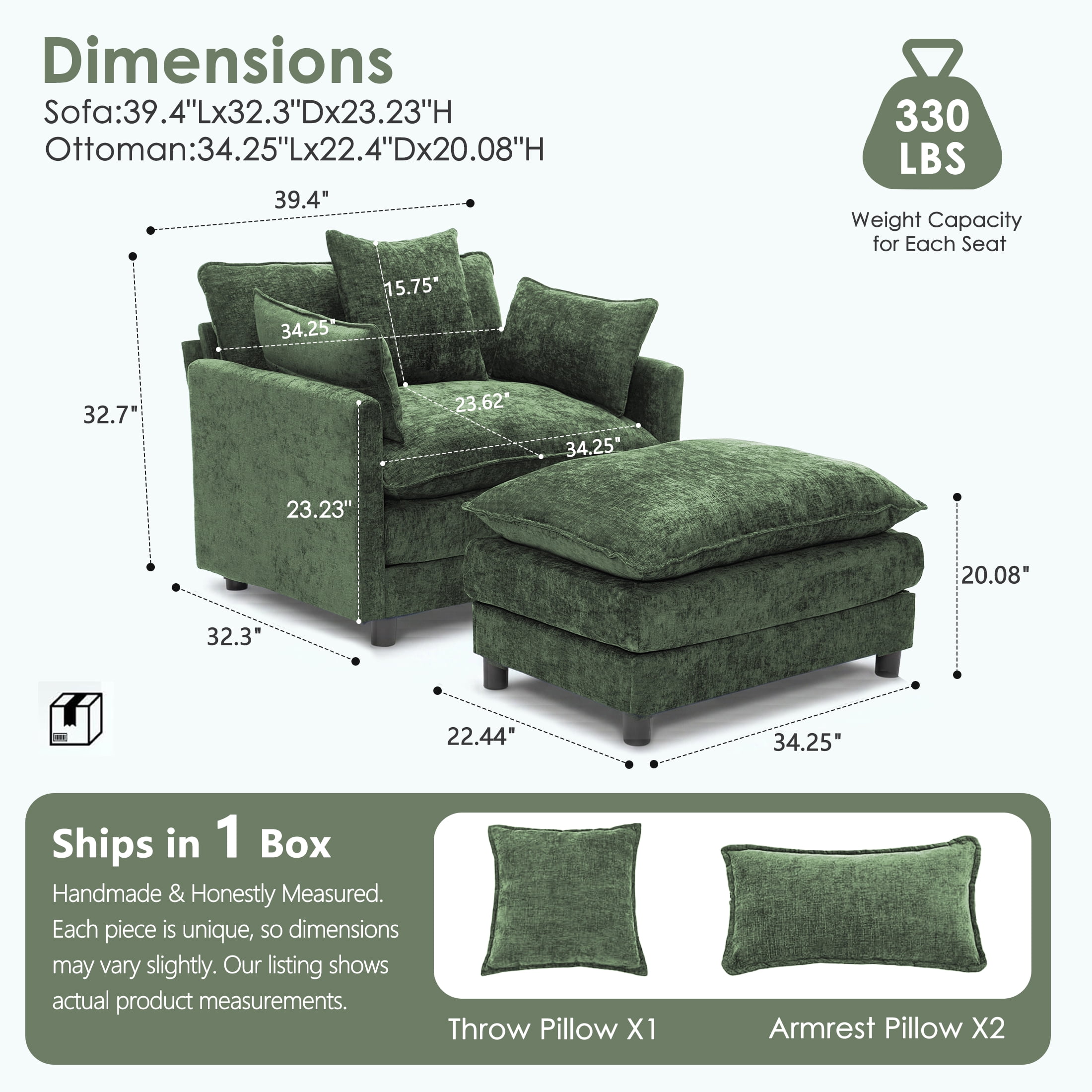 AISWORD Oversized Modular Sectional Sofa with Ottoman, Upholstered Deep Seat Chaise Lounge with Pillows for Living Room, Green