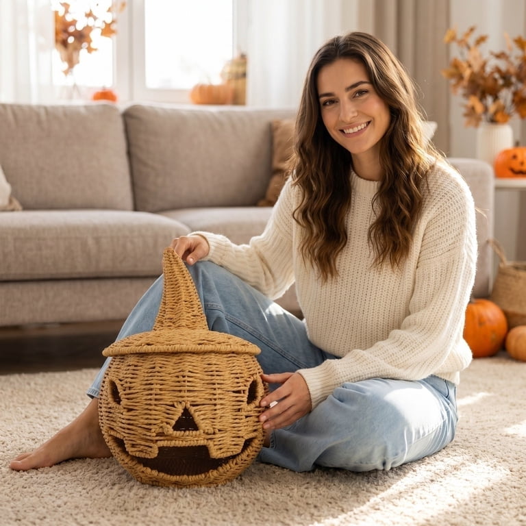専用＊Halloween＆Autumn＊パンプキン　フェイクスワッグ Handwoven Wicker Pumpkin Jack-O'-Lantern with Detachable Witch Hat