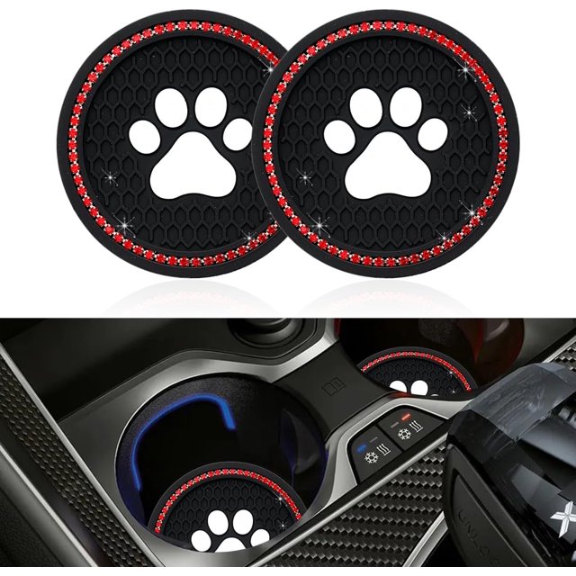 Yazoeia Bling Paw Car Cup Holder Coaster, 2 PCS Non-Slip Auto Cup Coasters, Shiny Crystal Rhinestone Insert Decorative Cup Mat, Universal Vehicle Interior Accessories for Most Cars (Black