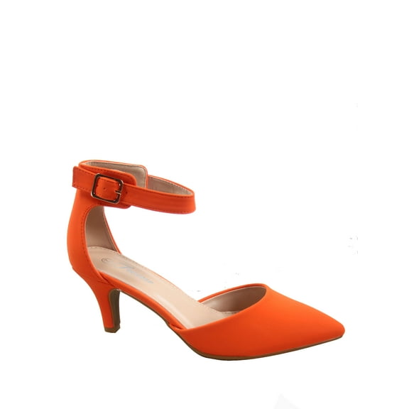 Sunrise-39 Women's Ankle Strap Buckle Pointy Toe Stiletto Low Heel Pumps ( Orange, 5.5 )