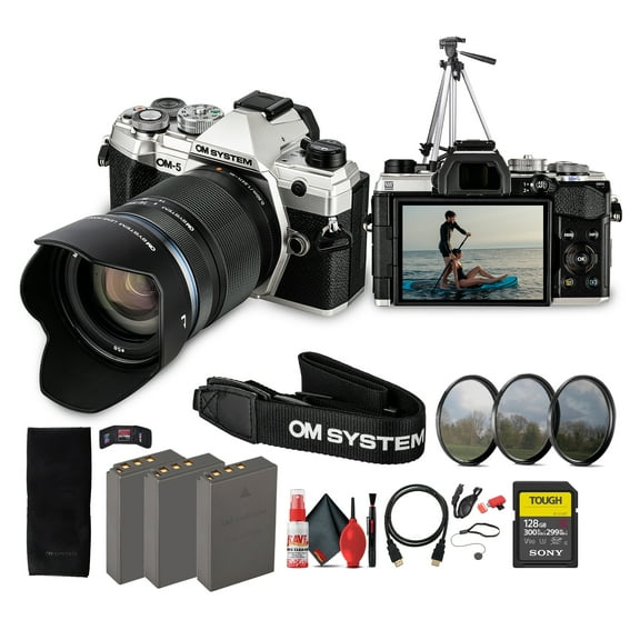 OM SYSTEM OM-5 Mirrorless Camera with 14-150mm f/4-5.6 II Lens in Silver Bundle Including: 128 GB Memory Card, 2x Added Battery, 3-Piece Filter Kit, Tripod, Shoulder Strap, Cleaning Kit, More