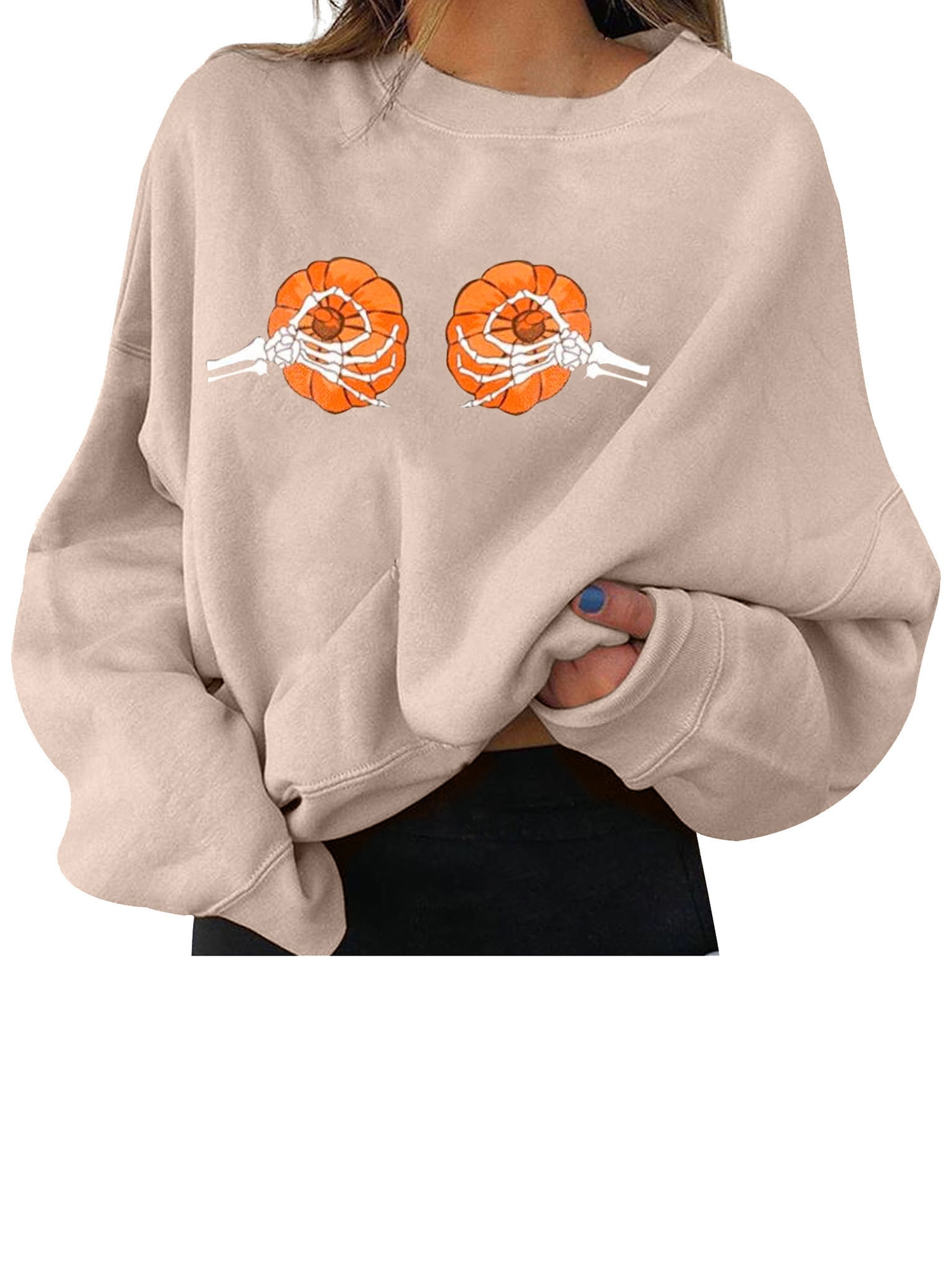 Womens Print Sweatshirts Pumpkin Print Top Crewneck Long Sleeve Lightweight Pullover Sweater Halloween Skeleton Shirt 