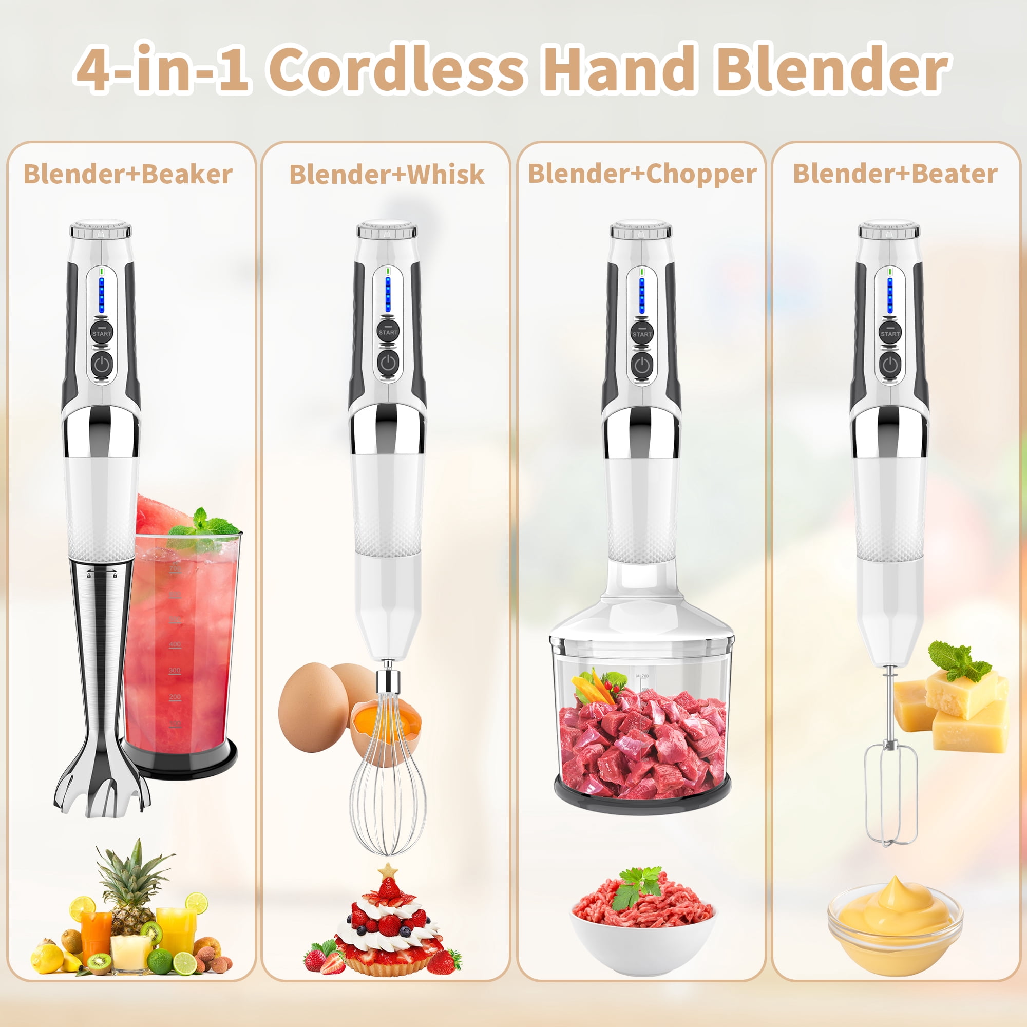 Cordless Hand Blender 4-in-1 Rechargeable Immersion Handheld Blender, 21 Variable Speeds, 3-Angle Adjustable with 700ml Chopper, 700ml Beaker, Egg Whisk and Beater for Smoothies, Soup, Baby Food