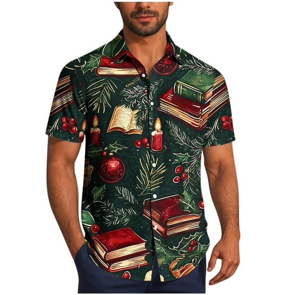 Men's Christmas Print Blouse Casual Short Sleeve Lapel Button-Down Shirt Top with Pocket