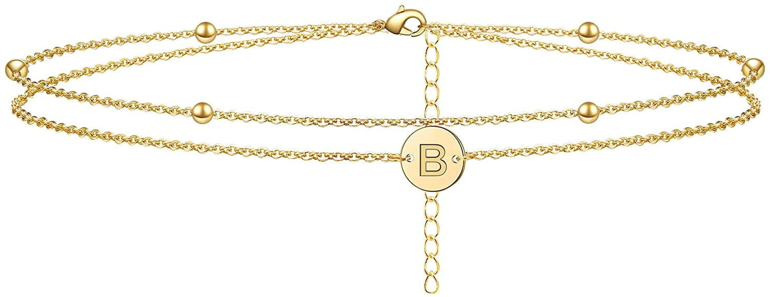 Initial Anklet Layered Letters A to Z Alphabets Beads Chain Ankle Bracelet for Women 14K Real Gold Plated 