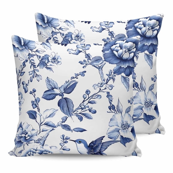 14x14 Pillow Covers Set of 2, White Blue Spring Floral Throw Pillow Covers Decorative Couch Cushion Case, Summer Botanical Hummingbird Microfiber Square Pillowcases for Bedroom Car Living Room
