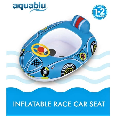 Clean Bottom Pool - Aquablu Inflatable Race Car Cool Summertime Swim Seat & Float Toy for Pool Beach Lake Bay & More Exciting blue Racer Steering Wheel & Solid Bottom for Toddlers Ages 1-2 Years
