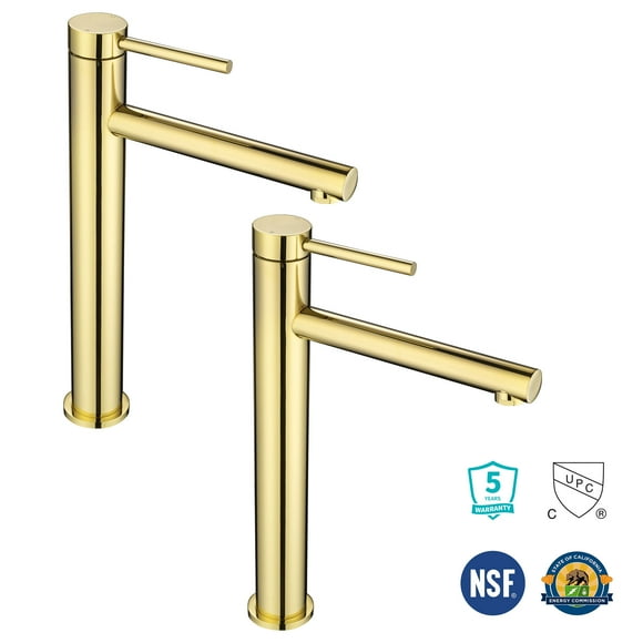 Aquaterior 2 Pack Bathroom Vessel Sink Faucet 8" Tall 1 Handle/Hole Cold&Hot Water Mixer Faucet Gold (CUPC NSF CEC)