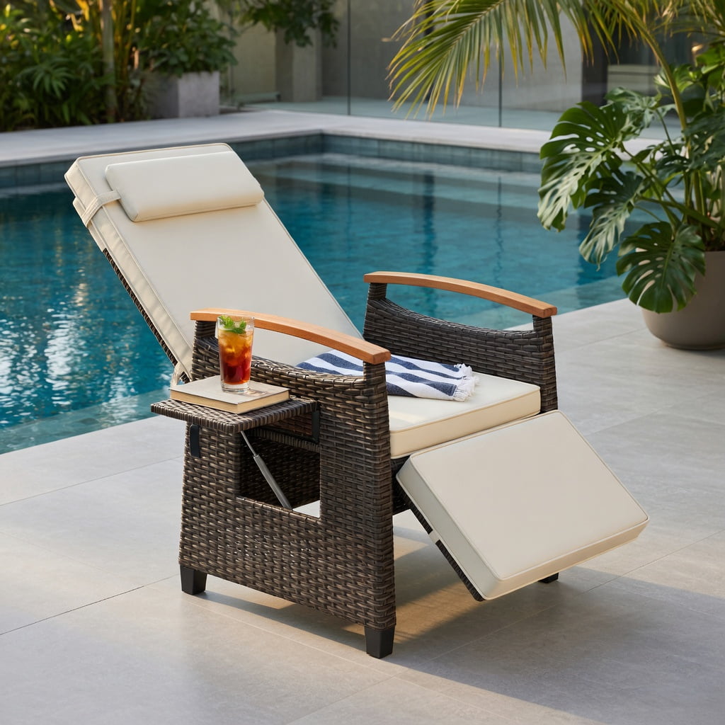 Hommoo Adjustable Outdoor Wicker Recliner Chair with Footrest & Removable Cushions, PE Rattan Patio Seating for Backyard, Porch, Balcony, White