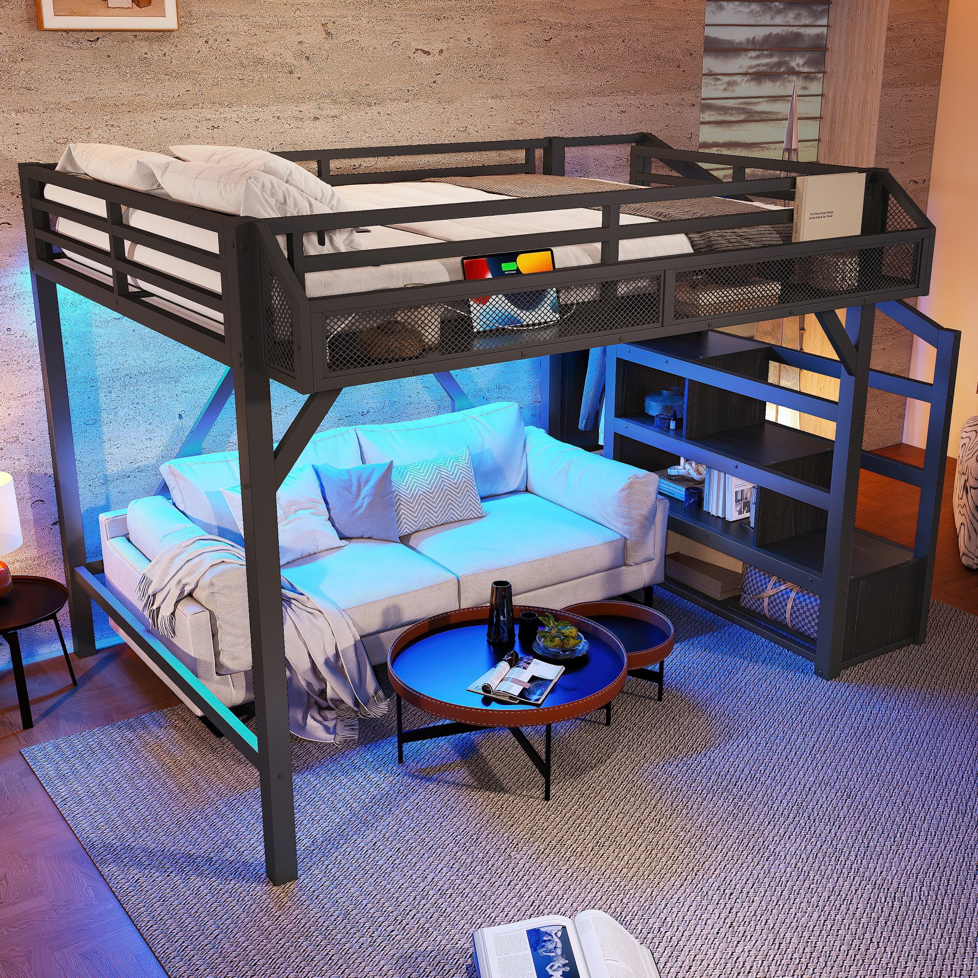 Aukfa Full Metal Loft Bed with Wardrobe, Shelves, USB Ports & LED Lights, Stairs, Space-Saving Bed Frame for Adults & Kids, Black