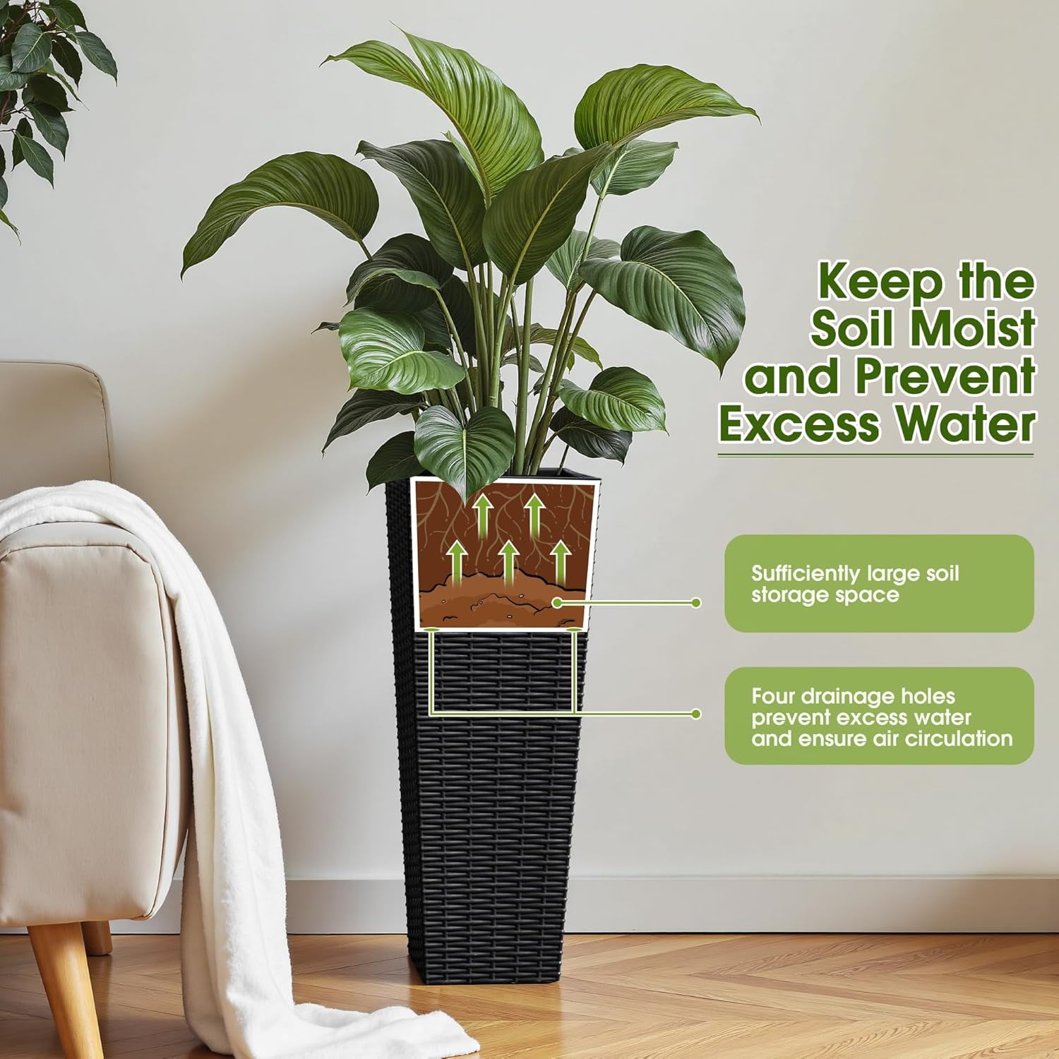 ZYPPP Resin Tall Planters for Outdoor Plants Set of 2, Large Taper Outdoor Planter Pots with 4 Drainage Holes, Flower Pots Modern Decor for Porch, Patio, Backyard, Home Garden (Black, 24")