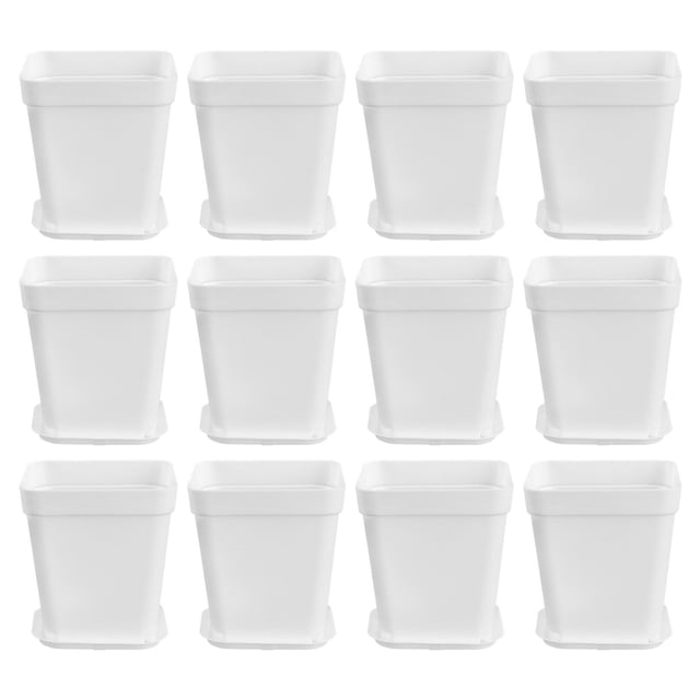 12 macetas cuadradas de plástico para flores, mini macetas decorativas, macetas creativas para suculentas, organizador floral para vivero, suministros de jardín con bandejas (blanco)