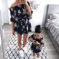thumbnail image 4 of AMERTEER Famille Robe Assortie Floral Print Off Épaule Flare Col Rond Midi Robe Bleu Marine Enfants M(2-3 Ans), 4 of 10