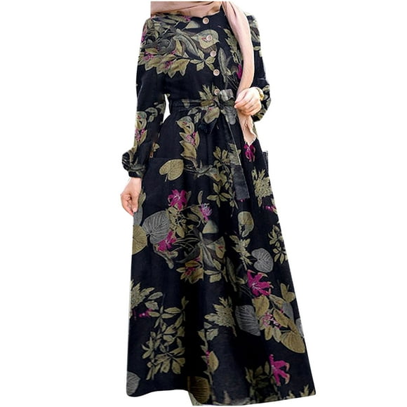 Women's Cotton Linen Maxi Dress Long Sleeve Button Crewneck Pleated Long Dress Floral Print Casual Loose Belted Dress