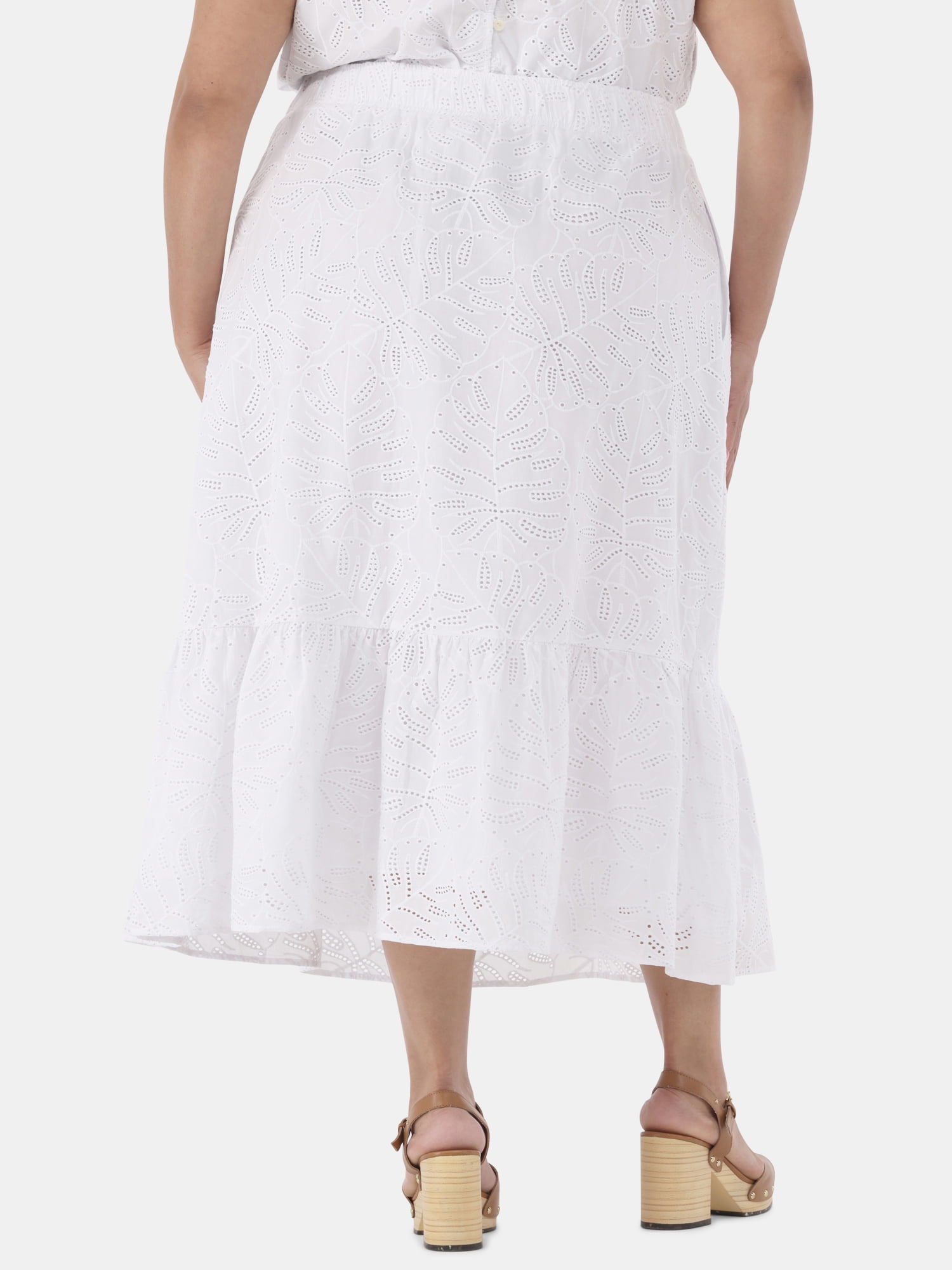 Time and Tru Women's Cotton Eyelet Tiered Midi Skirt with Elastic Wasitband, XS-XXXL, 1X-4X