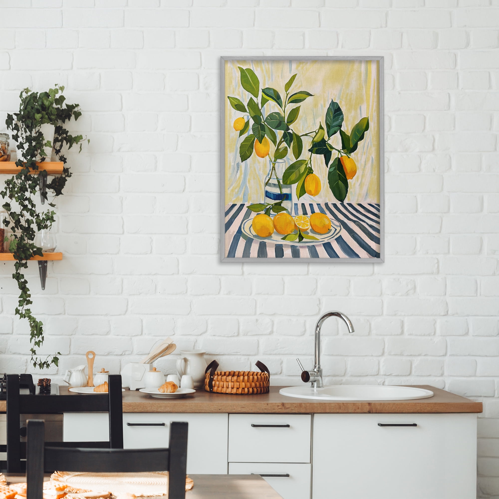 Stupell Industries Lemons on Striped Tablecloth Gray Framed Giclee Art, design by Yen