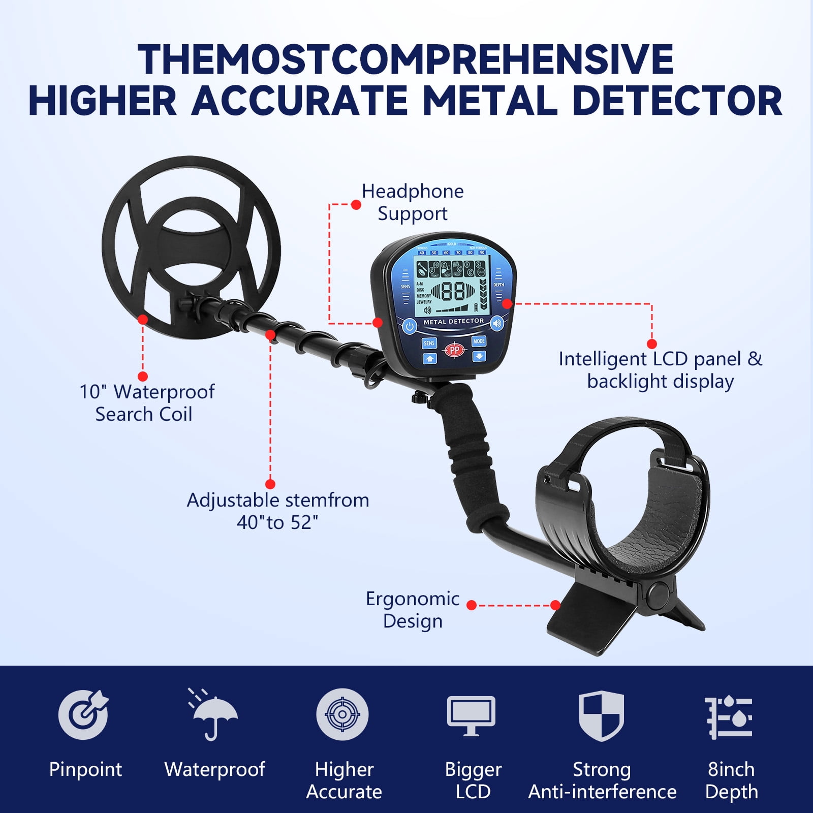 Fovendi 10" Metal Detector for Adults Waterproof-Professional Higher Accuracy Metal Finder with LCD Display & 5 Mode, 3 Audio Tone Gold Detector for Gift