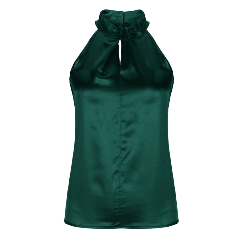 JGGSPWM Women's Solid Keyhole Back Halter Neck Blouse Twist Front