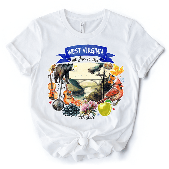 Artistic West Virginia State Themes and Landmarks T-Shirt, Tee for History and Travel Lovers