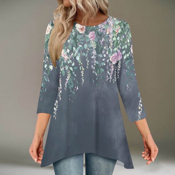 Jsaierl 3/4 Length Sleeve Womens Tops Casual Round Neck Shirts Dressy Graphic Petite Blouses Work Cotton Tunic Top S-2XL
