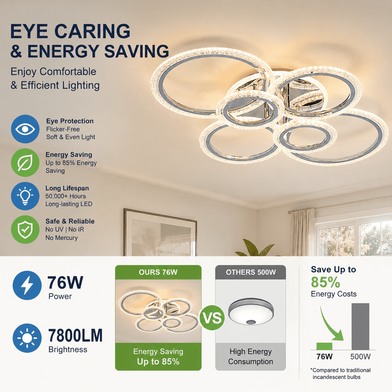 Garwarm Chrome 6-Ring LED Ceiling Light, Modern Dimmable Flush Mount Ceiling Light with Remote, Acrylic Ring Ceiling Lamp Fixture for Living Room, Dining Room, Bedroom