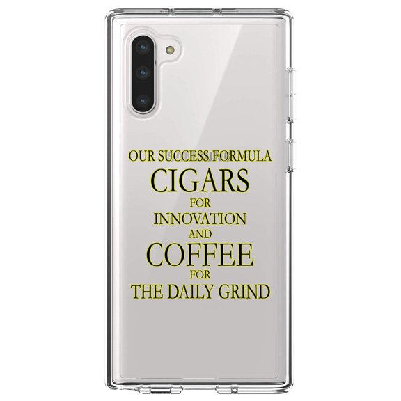 DistinctInk Clear Shockproof Hybrid Case for Samsung Galaxy Note 10 (6.3" Screen) - TPU Bumper Acrylic Back Tempered Glass Screen Protector - Success Formula - Cigars & Coffee