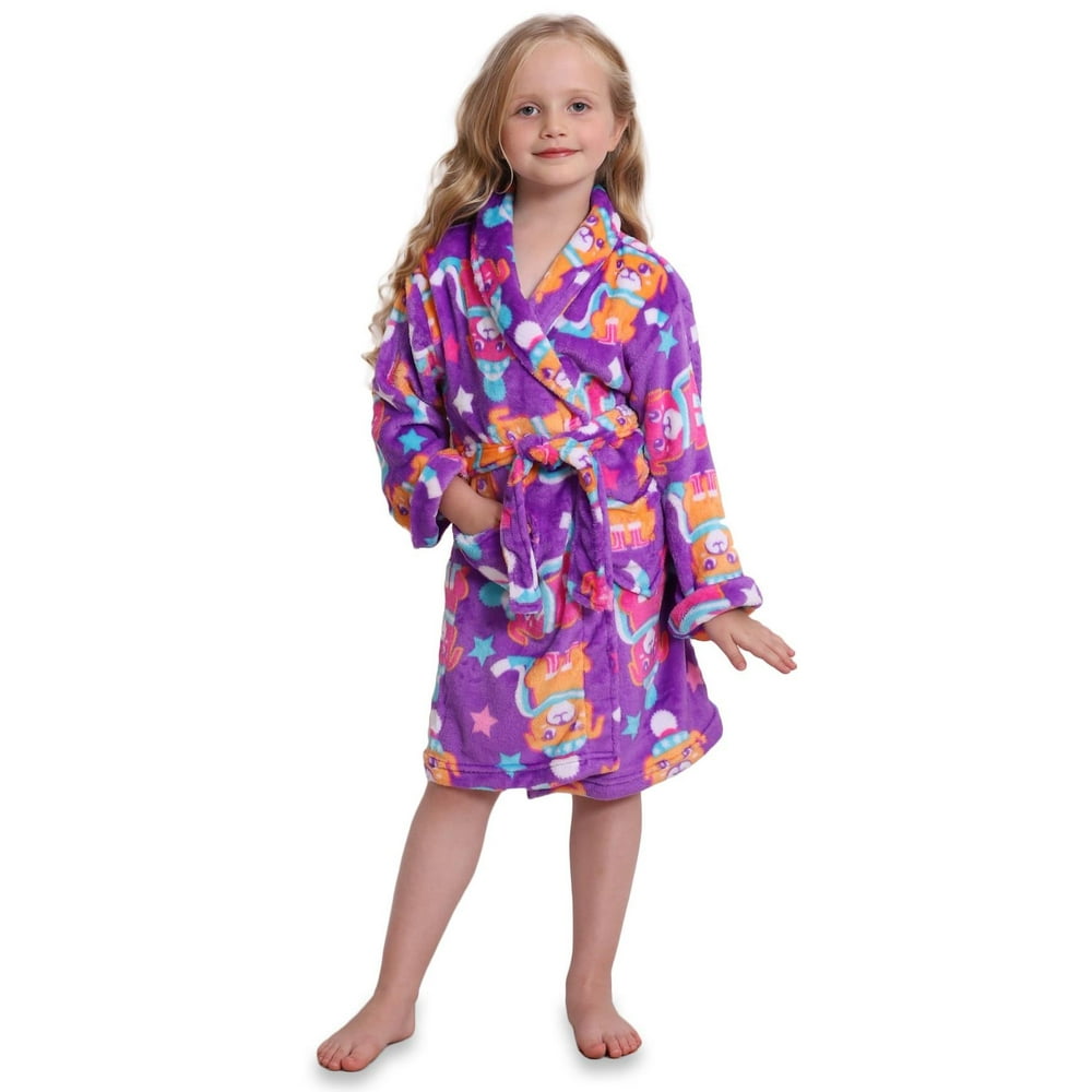 Komar Kids Kids Bathrobe Girls and Boys Plush Robe Fun Print, Purple