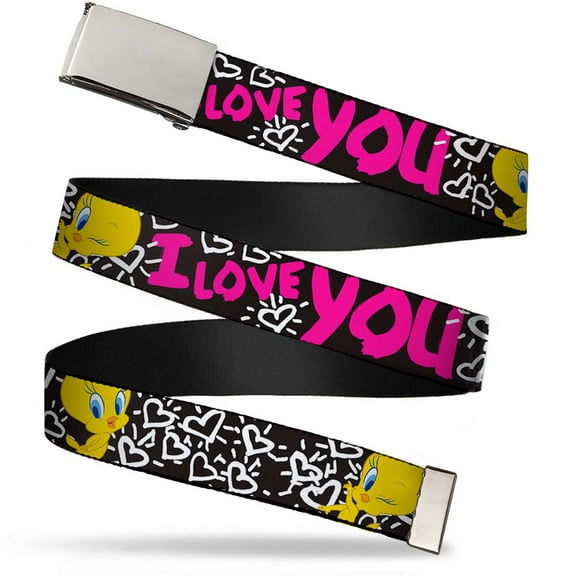 Adjustable Belt, Clamp Buckle, Cut-to-Fit, Tweety Bird I Love You Black White Pink