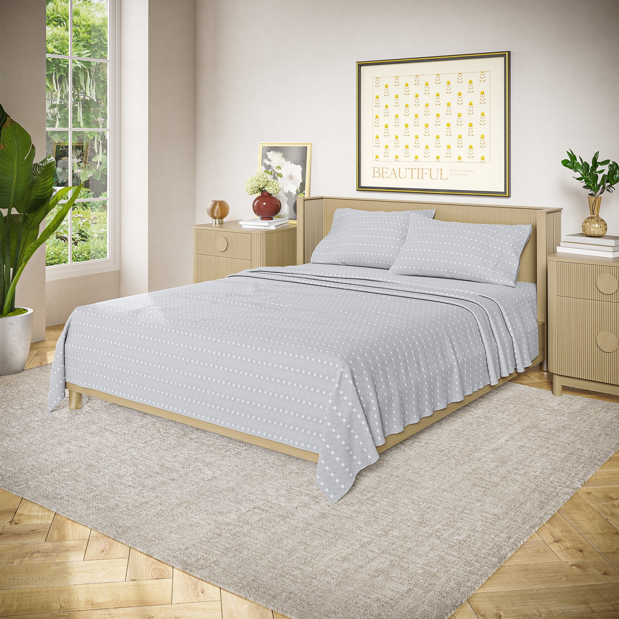 Beautiful Geometric 3-Piece 100% Cotton Percale Cornflower Blue Sheet Set, Twin by Drew Barrymore