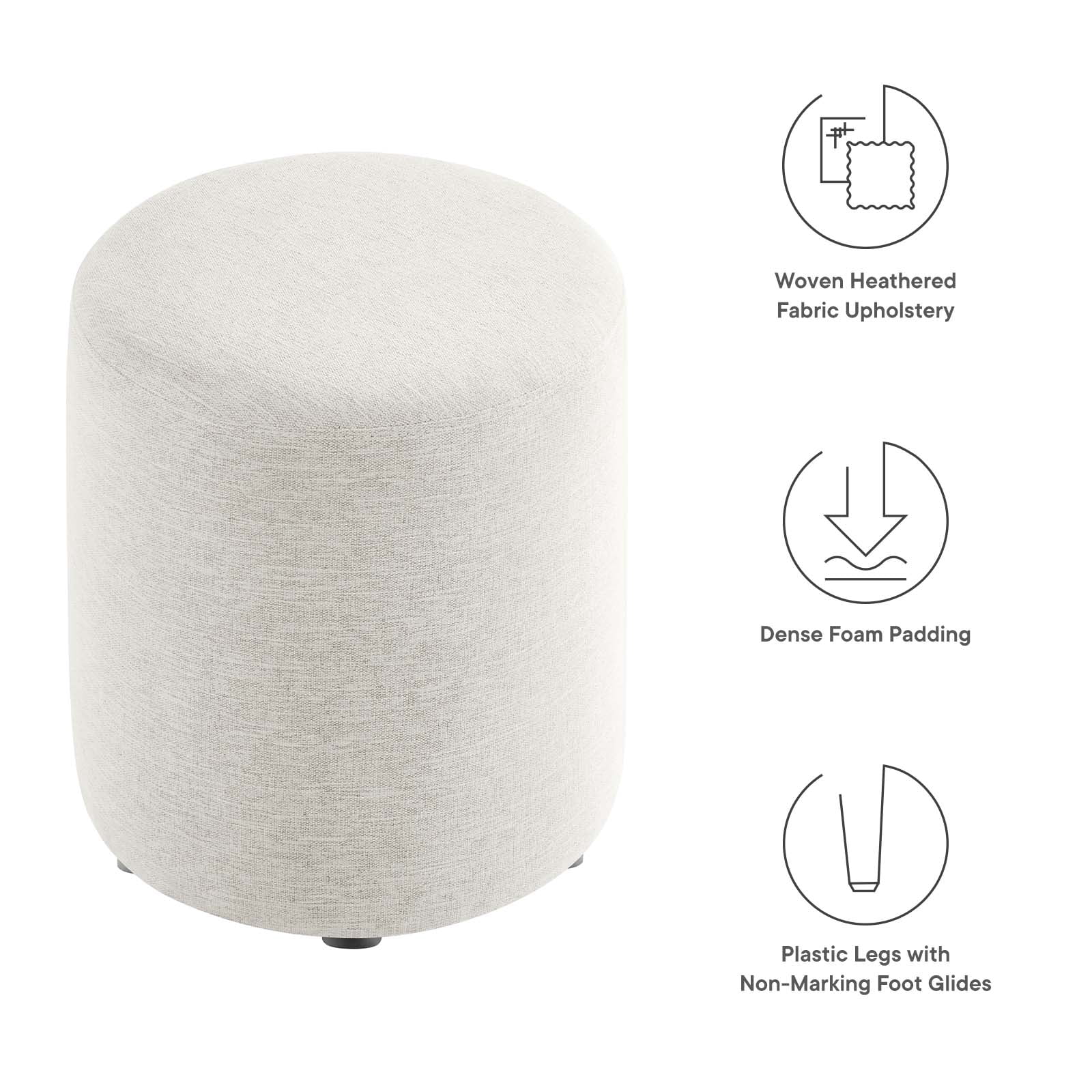 Callum 16" Round Woven Heathered Fabric Ottoman in Heathered Weave Ivory