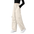 thumbnail image 2 of Lenpel Girls' Cargo Pants Cotton Elastic High Waisted Pull on Pleated Wide Leg Pants Baggy Casual Trousers with Pockets, 2 of 6