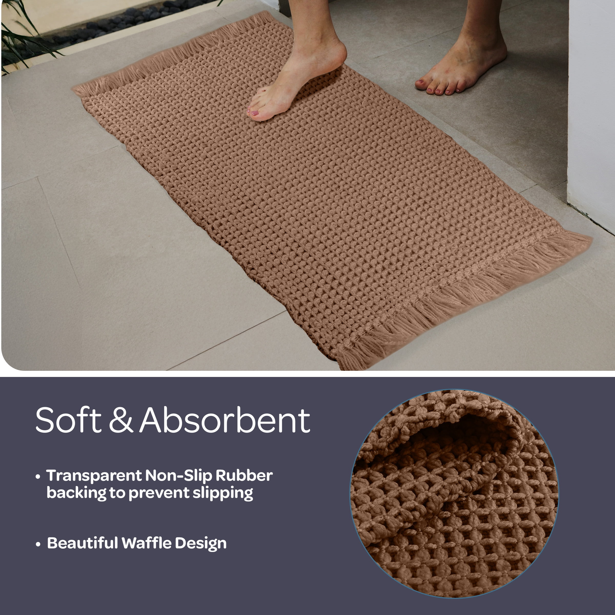 Lavish Home 2PC Waffle Bath Mat Set - Washable Bathroom Rugs (Natural)