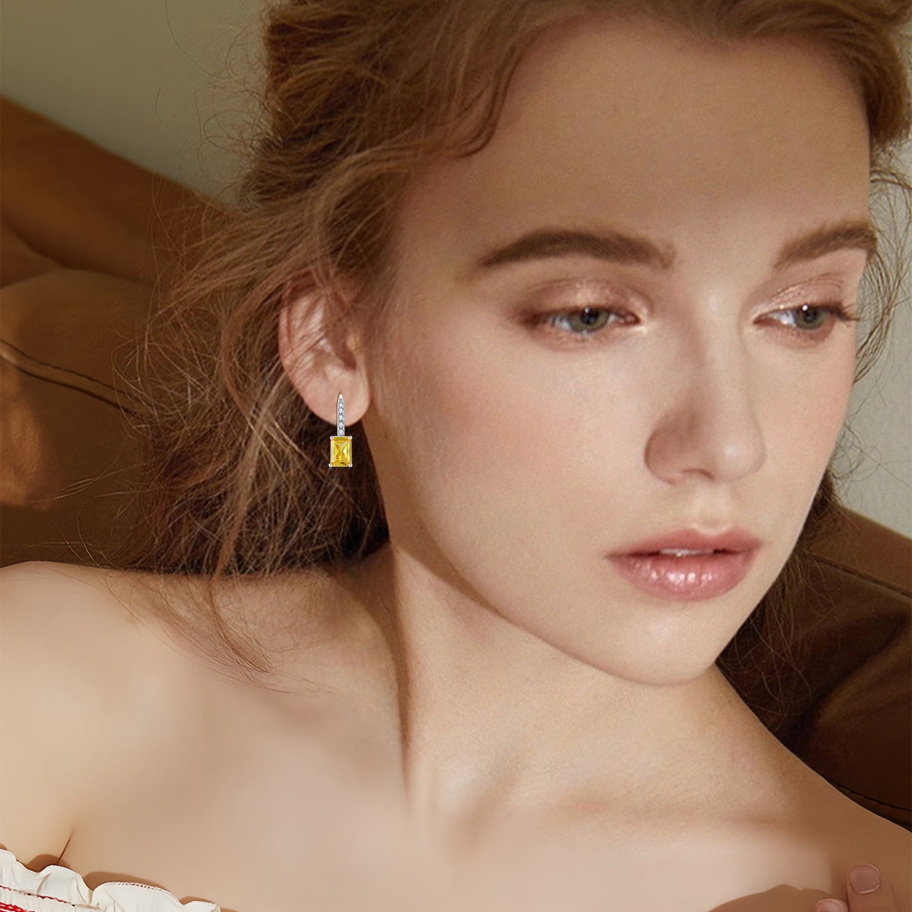 FJ Princess Cut Dangle Drop Earrings 925 Sterling Silver Square Leverback Earrings November Birthstone Citrine Jewelry Gifts for Women