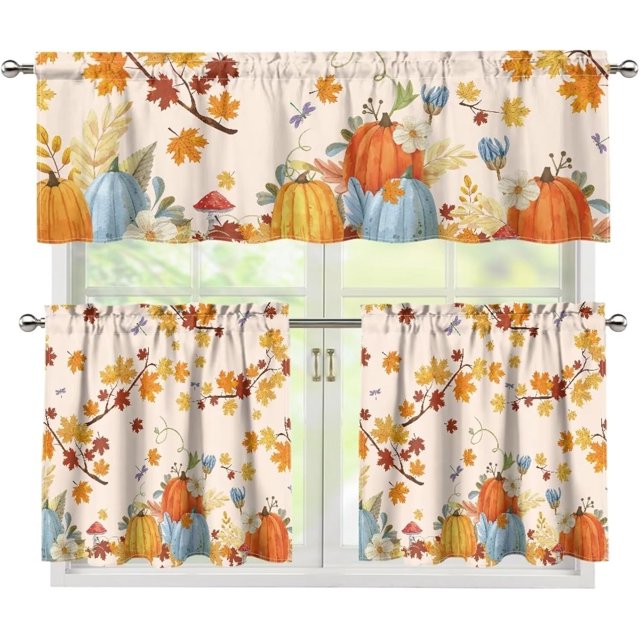 Fall Kitchen Curtains and Valances Set 24 Inches Long Pumpkin Print Kitchen Curtains Sets for Windows Drape Swag Curtains for Kitchen Cafe Living Room Autumn Window Decor