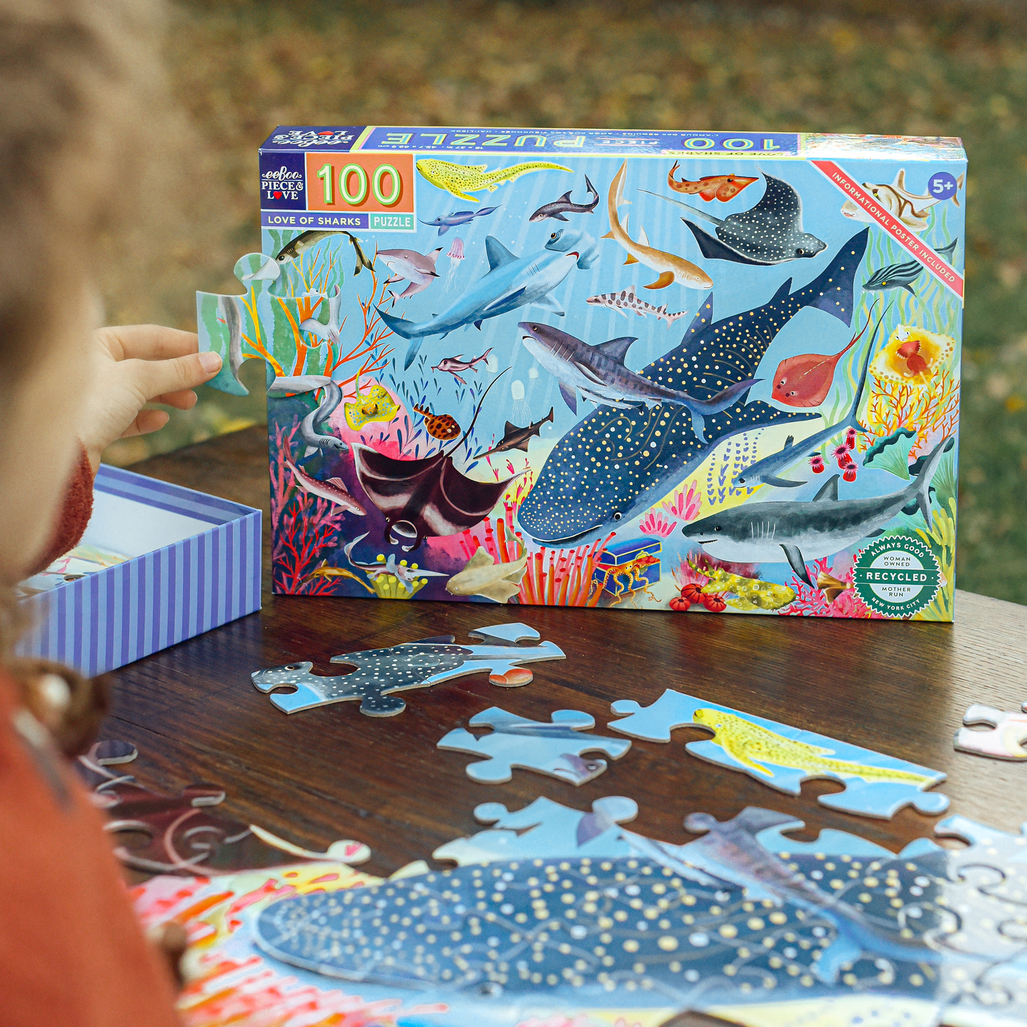 eeBoo Love of Sharks 100 Piece Puzzle with Poster for Kids, 27" x 18" once completed, 5 Years and Up.