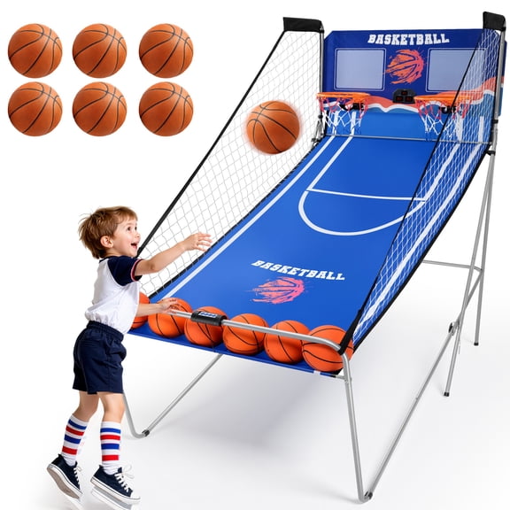Foldable Indoor Basketball Arcade Game for All Players, SEGMART Dual Shot Indoor Basketball Game with Electronic Scorer, Portable Basketball Hoop Arcade with 8 Game Modes, 6 Balls for 2 Players