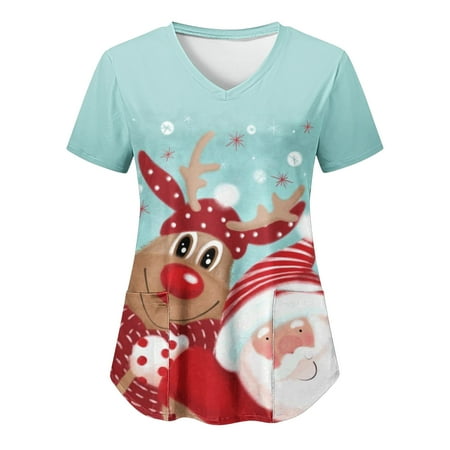 

TAIAOJING Women Scrubs Top Casual V Neck Christmas Print Pocket Short Sleeve Work Shirt Top