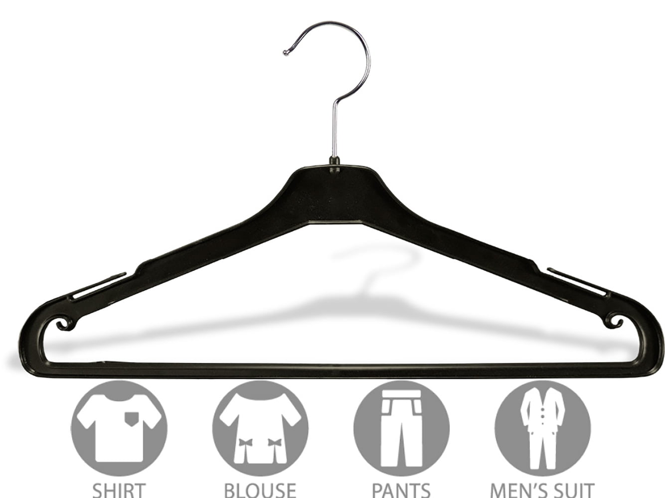INTERNATIONAL HANGER Black Plastic Suit Hanger with Non-Slip Pant Bar, 100 Pack