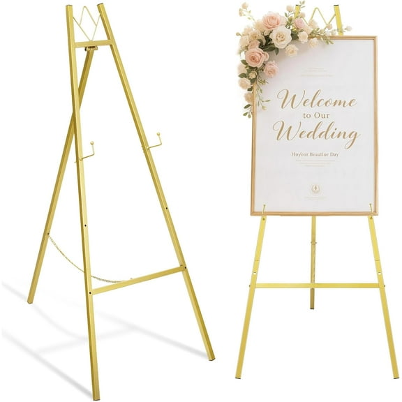 46.7" Gold Easel Stand for Wedding Signs – No Assembly Needed, Heavy Duty Metal Display Stand for Art, Welcome Signs, Posters, Pictures, Paintings, and Floor Décor