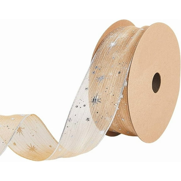 Organza Star Ribbon Wired, 1 Inch Wide 20 Yards Tree Print Sheer Glitter Ribbon for Gift Wrapping Garland Bouquet Ornaments Party Decorations (Emperor Gold)