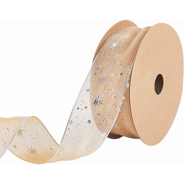 Cinta de poliéster transparente con estampado de estrellas doradas y plateadas de 20 yardas y 1 5/8 pulgadas, con ribete de gasa de organza y estrellas brillantes.
