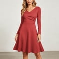 thumbnail image 5 of XPMWRP Women V Neck Long Sleeve Ruched Waist Flared Mini Dress Casual Office Skater Swing Dress Red M, 5 of 9
