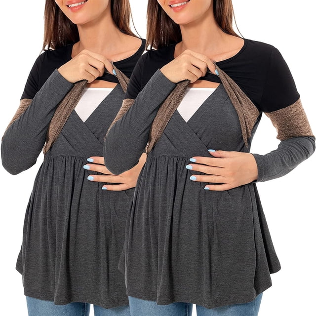 Haut de Maternité et d'Allaitement à Manches Longues, Col Rond, à Blocs de Couleur, Chandail d'Allaitement Confortable, Blouse de Grossesse pour Femmes